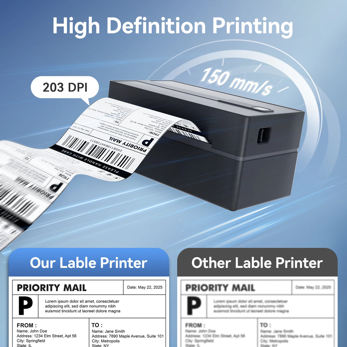 Thermal Label Printer Portable No Ink Required 203DPI 4x6 for Small Business Bluetooth USB High Speed Express Airway Bill