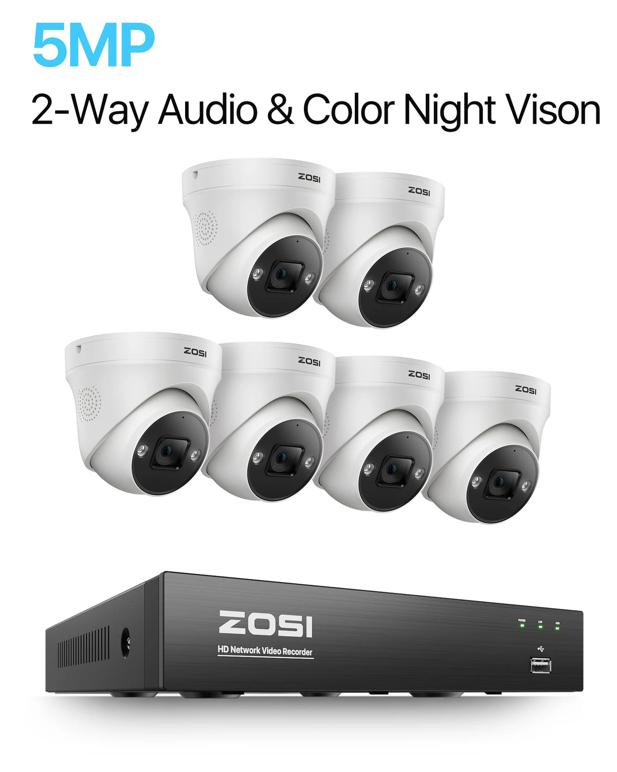 ZOSI 4K 8MP 5MP POE Video Surveillance Kit 8CH H.265 Home CCTV NVR Set Color Night Vision AI Detection IP Security Camera System - 6PCS 5MP Cameras