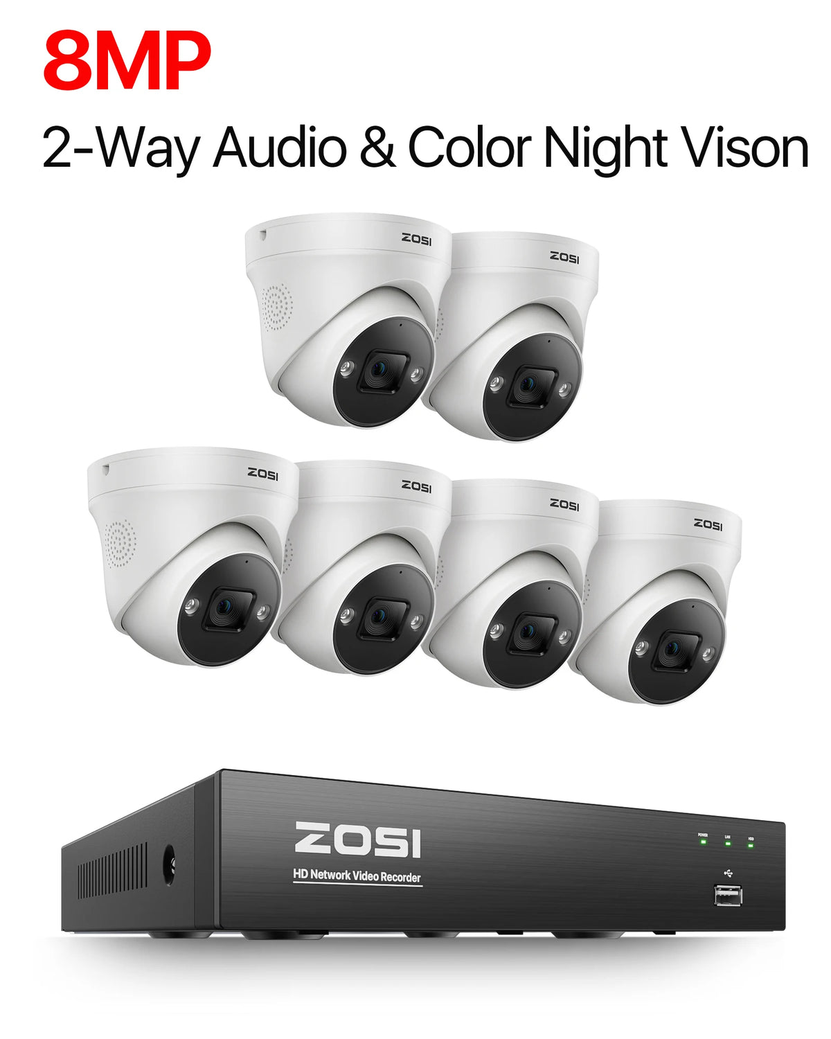 ZOSI 4K 8MP 5MP POE Video Surveillance Kit 8CH H.265 Home CCTV NVR Set Color Night Vision AI Detection IP Security Camera System - 6PCS 8MP Cameras