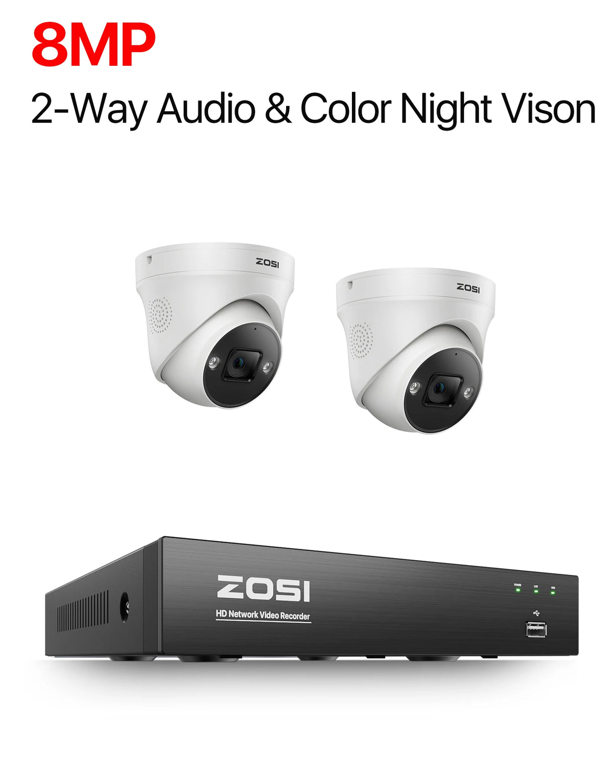 ZOSI 4K 8MP 5MP POE Video Surveillance Kit 8CH H.265 Home CCTV NVR Set Color Night Vision AI Detection IP Security Camera System - 2PCS 8MP Cameras