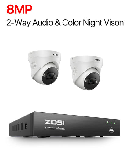 ZOSI 4K 8MP 5MP POE Video Surveillance Kit 8CH H.265 Home CCTV NVR Set Color Night Vision AI Detection IP Security Camera System - 2PCS 8MP Cameras