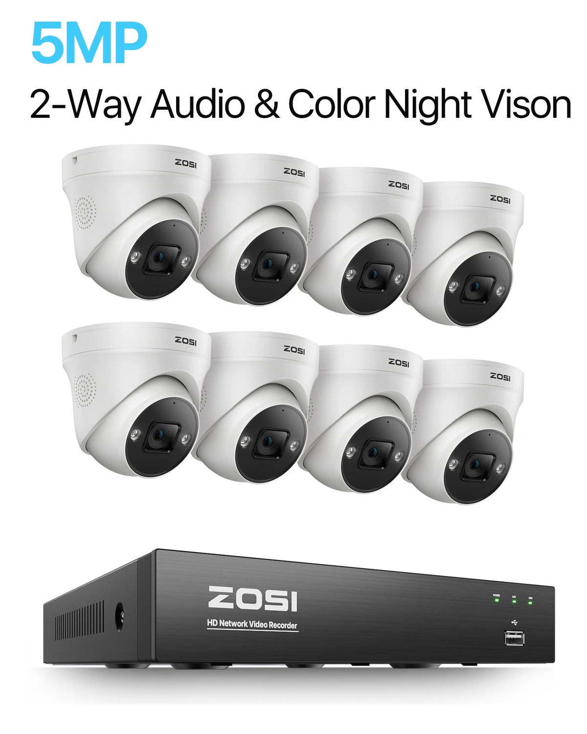 ZOSI 4K 8MP 5MP POE Video Surveillance Kit 8CH H.265 Home CCTV NVR Set Color Night Vision AI Detection IP Security Camera System - 8PCS 5MP Cameras