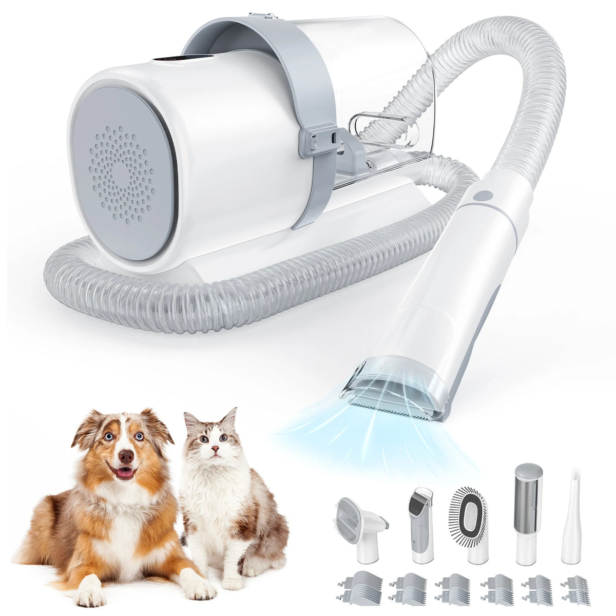 JHK 2.5L Professional Pet Grooming Vacuum Kit 3 Suction Modes and 5 Groomer Tools with Cordless Low Noise Dog Clippers for Cats - WHITE