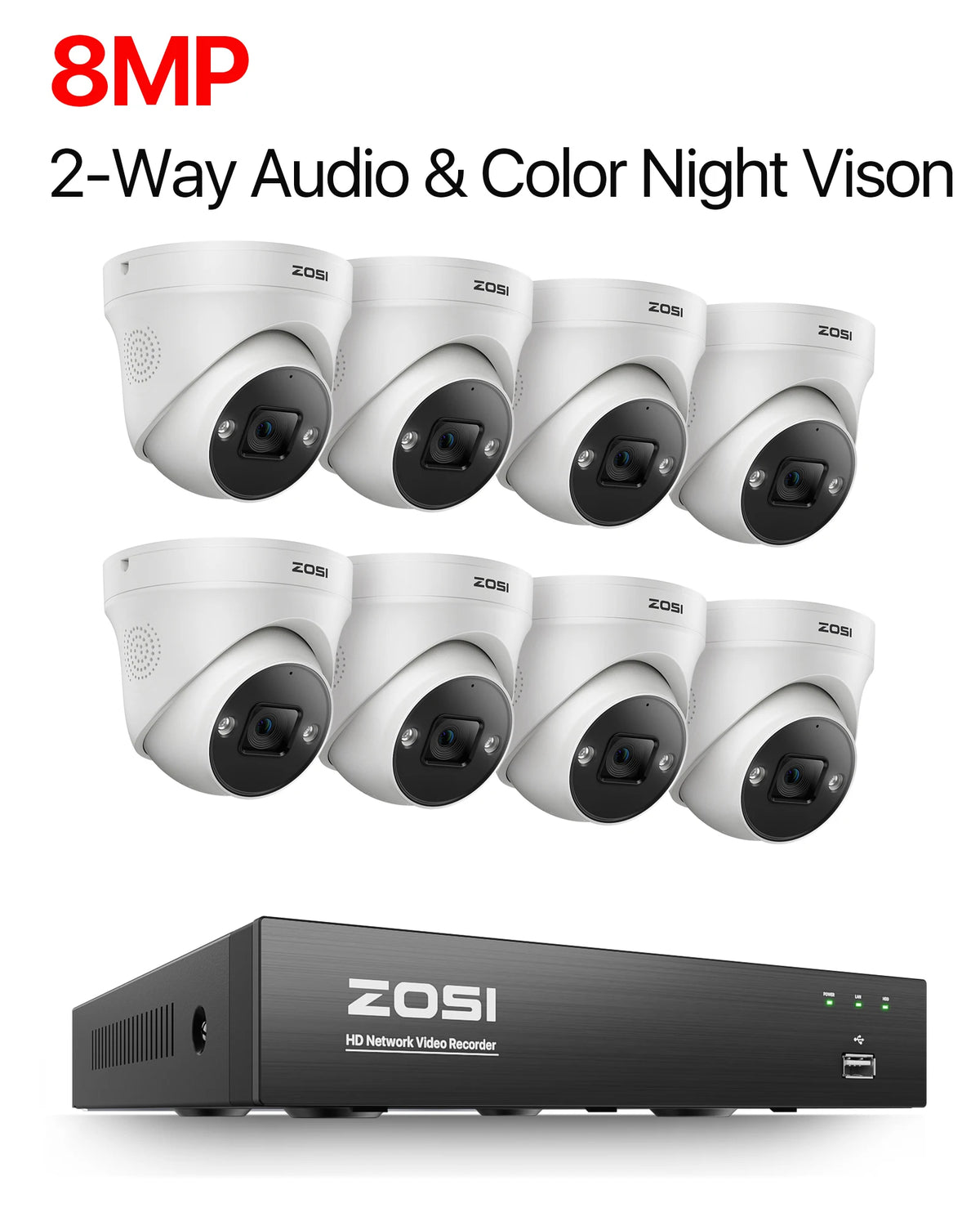 ZOSI 4K 8MP 5MP POE Video Surveillance Kit 8CH H.265 Home CCTV NVR Set Color Night Vision AI Detection IP Security Camera System - 8PCS 8MP Cameras