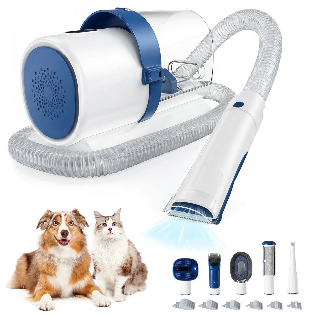 JHK 2.5L Professional Pet Grooming Vacuum Kit 3 Suction Modes and 5 Groomer Tools with Cordless Low Noise Dog Clippers for Cats - Blue