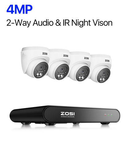 ZOSI 4K 8MP 5MP POE Video Surveillance Kit 8CH H.265 Home CCTV NVR Set Color Night Vision AI Detection IP Security Camera System - 4PCS 4MP Cameras