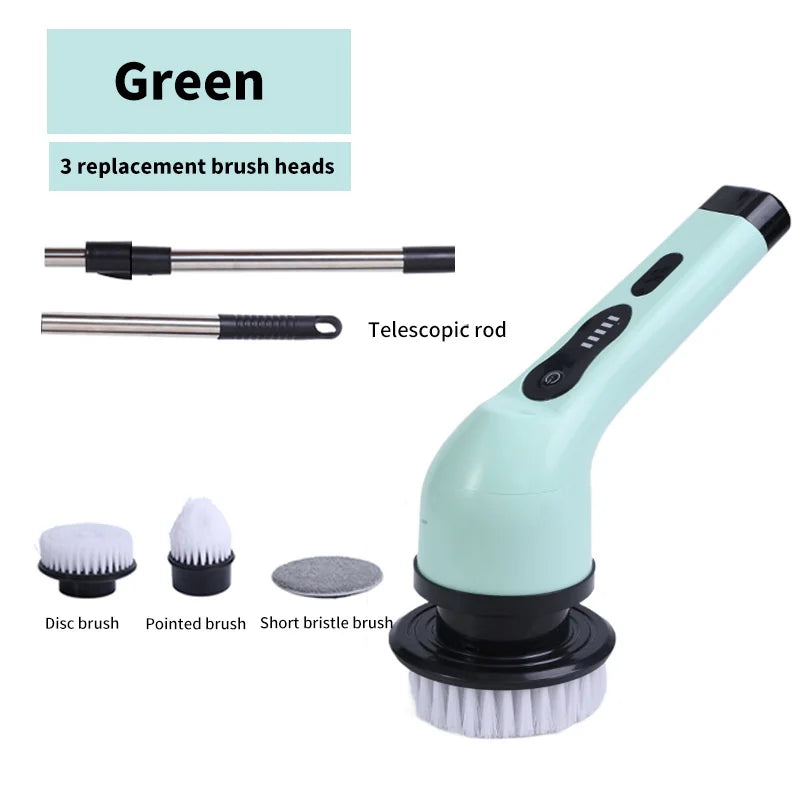 9-in-1 Electric Cleaning Brush Electric Spin Cleaning Scrubber Electric Cleaning Tools Parlour Kitchen Bathroom Cleaning Gadgets - Green 3 heads
