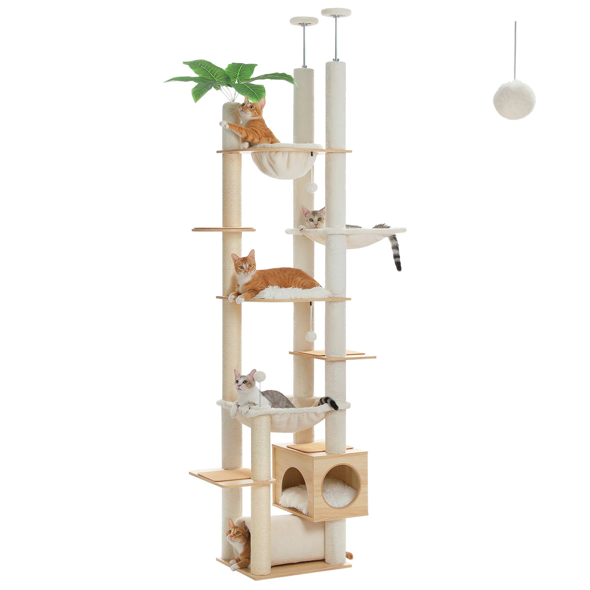 Height Adjustable Wooden Cat Tree with Large Hammock Sisal Scratching Posts Floor to Ceiling Cat Tower Cozy Cat Condo for Indoor - AMT0296BG / XL