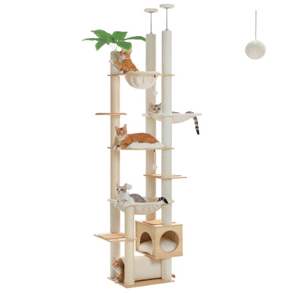 Height Adjustable Wooden Cat Tree with Large Hammock Sisal Scratching Posts Floor to Ceiling Cat Tower Cozy Cat Condo for Indoor - AMT0296BG / XL