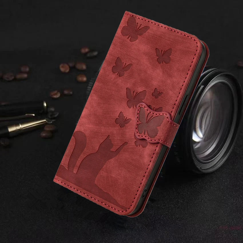 for i Phone 17 Flip Case for iPhone 15 16 14 13 12 11 Pro Max iPhon 15 Plus Cases Cute Cat Butterfly Leather Wallet Back Cover - D