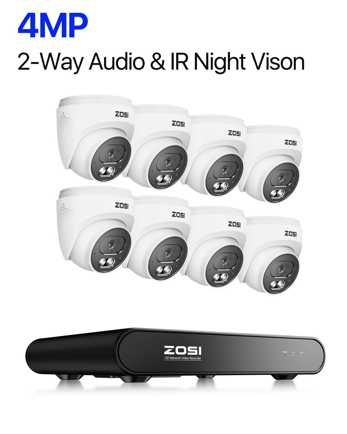 ZOSI 4K 8MP 5MP POE Video Surveillance Kit 8CH H.265 Home CCTV NVR Set Color Night Vision AI Detection IP Security Camera System - 8PCS 4MP Cameras