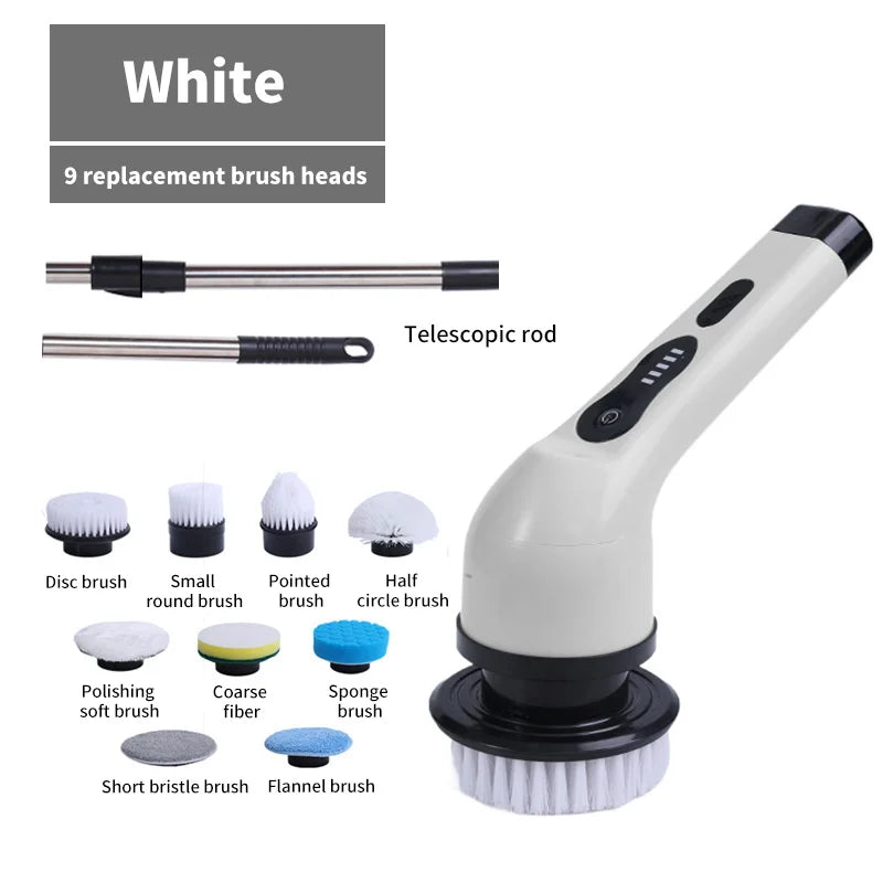 9-in-1 Electric Cleaning Brush Electric Spin Cleaning Scrubber Electric Cleaning Tools Parlour Kitchen Bathroom Cleaning Gadgets - White 9 heads