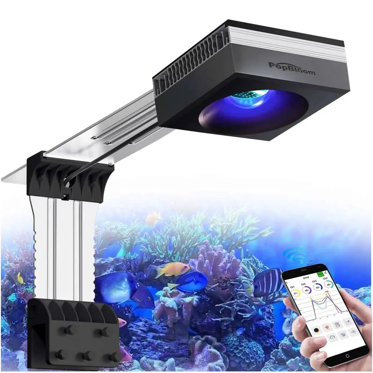 PopBloom RL90 WiFi Reef Aquarium Light 100W, Professional Marine Aquarium LED Full Spectrum for Reef Coral SPS/LPS Fish Tank LED - 1 Lamp with Arm kit / US Plug