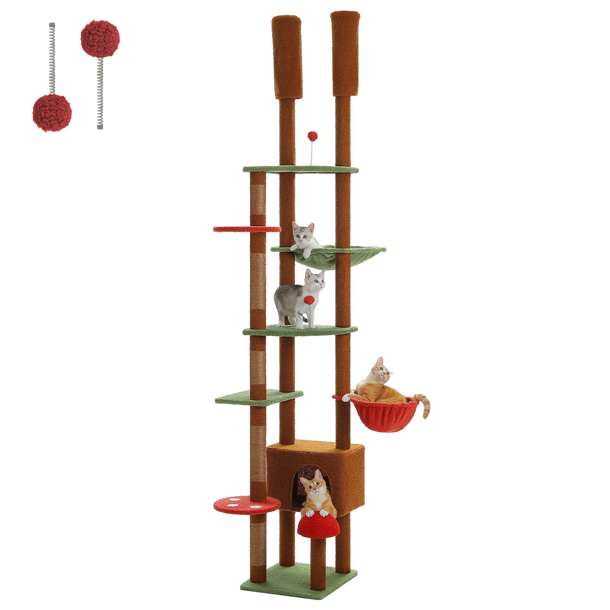 Height Adjustable Wooden Cat Tree with Large Hammock Sisal Scratching Posts Floor to Ceiling Cat Tower Cozy Cat Condo for Indoor - AMT0249BN / XL