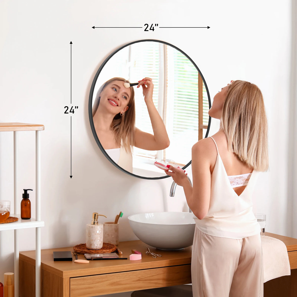 JHK Large Gold Round Vanity Framed Mirror for Wall Matte Metal Framed 30 Inch Modern Mirror Tempered Glass Bedroom Living Room - 24L x 24W Black