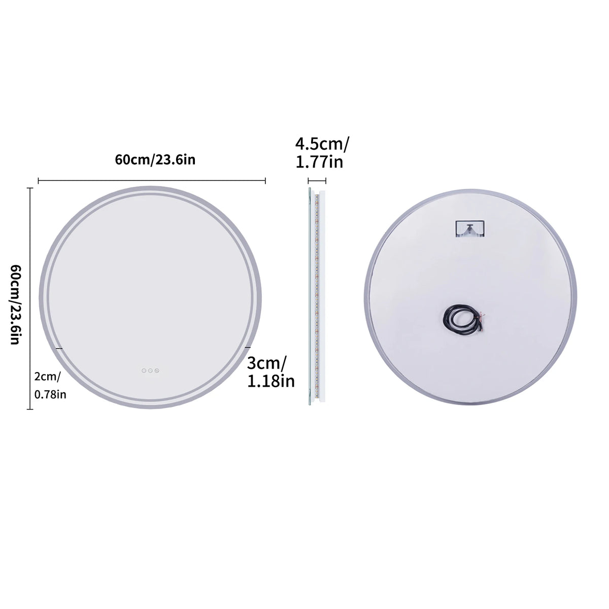LUVODI 80cm Round Bathroom Mirror with Intelligent Illuminate Touch Screen Dimmable Anti-Fog LED Light for Bathroom - 60cm (24 inch)
