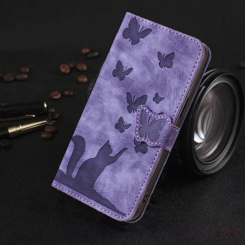 for i Phone 17 Flip Case for iPhone 15 16 14 13 12 11 Pro Max iPhon 15 Plus Cases Cute Cat Butterfly Leather Wallet Back Cover - C