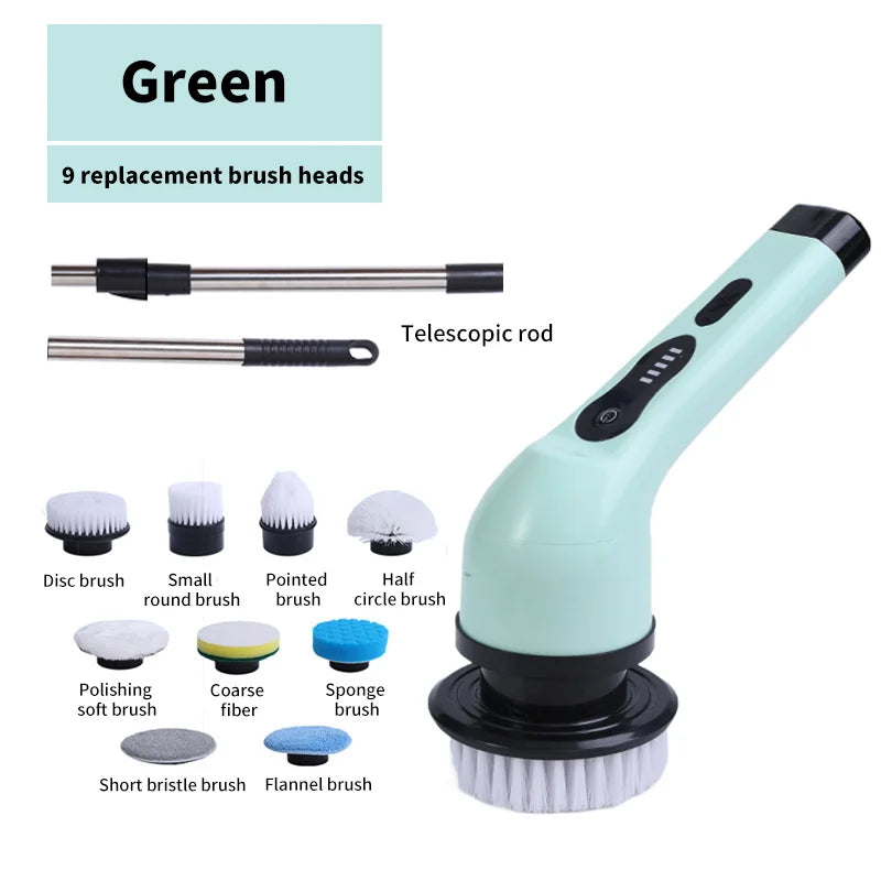 9-in-1 Electric Cleaning Brush Electric Spin Cleaning Scrubber Electric Cleaning Tools Parlour Kitchen Bathroom Cleaning Gadgets - Green 9 heads