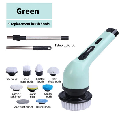 9-in-1 Electric Cleaning Brush Electric Spin Cleaning Scrubber Electric Cleaning Tools Parlour Kitchen Bathroom Cleaning Gadgets - Green 9 heads