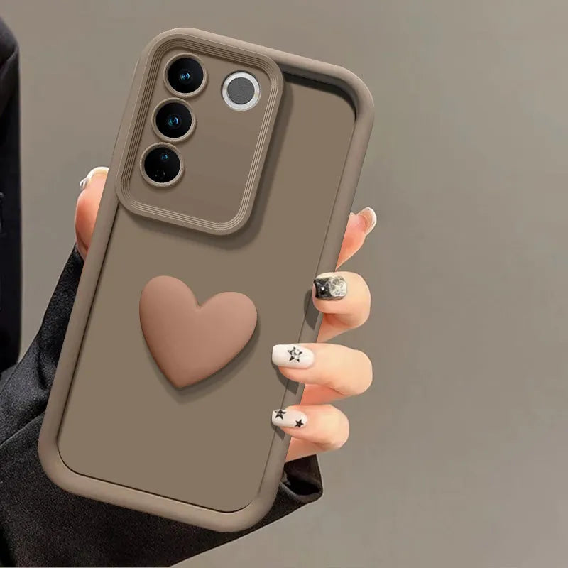 Love Heart Silicone Camera Lens Protective Case for Samsung Galaxy S25 Edge S26 Ultra Plus Phone Cover - Coffee