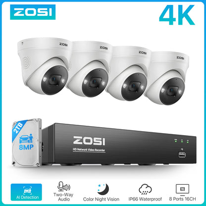 ZOSI 4K 8MP 5MP POE Video Surveillance Kit 8CH H.265 Home CCTV NVR Set Color Night Vision AI Detection IP Security Camera System