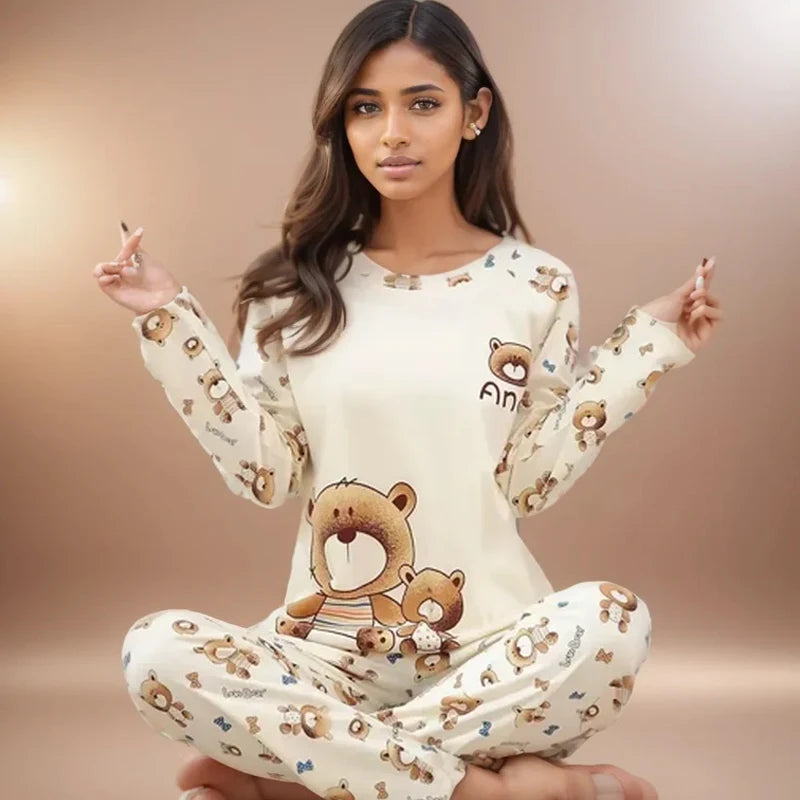 Ladies Pajamas Long Sleeved Cartoon Bear Student Casual Wear Set Easy to Wash Pullover Top and Pants Two-Piece Set Sleepwear