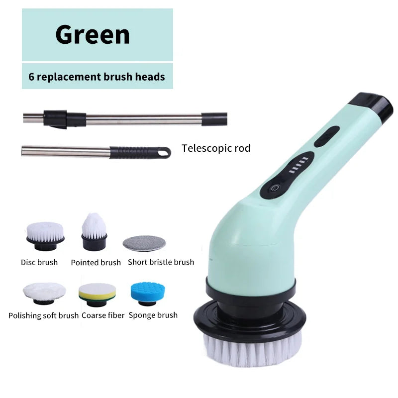 9-in-1 Electric Cleaning Brush Electric Spin Cleaning Scrubber Electric Cleaning Tools Parlour Kitchen Bathroom Cleaning Gadgets - Green 6 heads