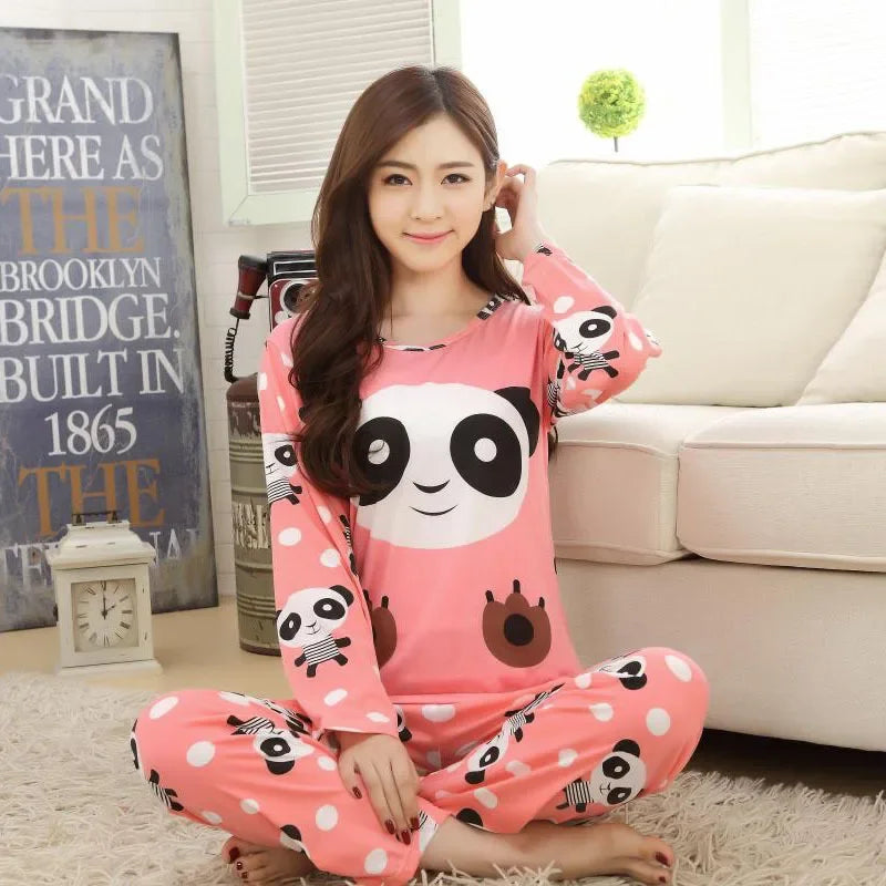 Ladies Pajamas Long Sleeved Cartoon Bear Student Casual Wear Set Easy to Wash Pullover Top and Pants Two-Piece Set Sleepwear - Pink