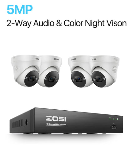 ZOSI 4K 8MP 5MP POE Video Surveillance Kit 8CH H.265 Home CCTV NVR Set Color Night Vision AI Detection IP Security Camera System - 4PCS 5MP Cameras