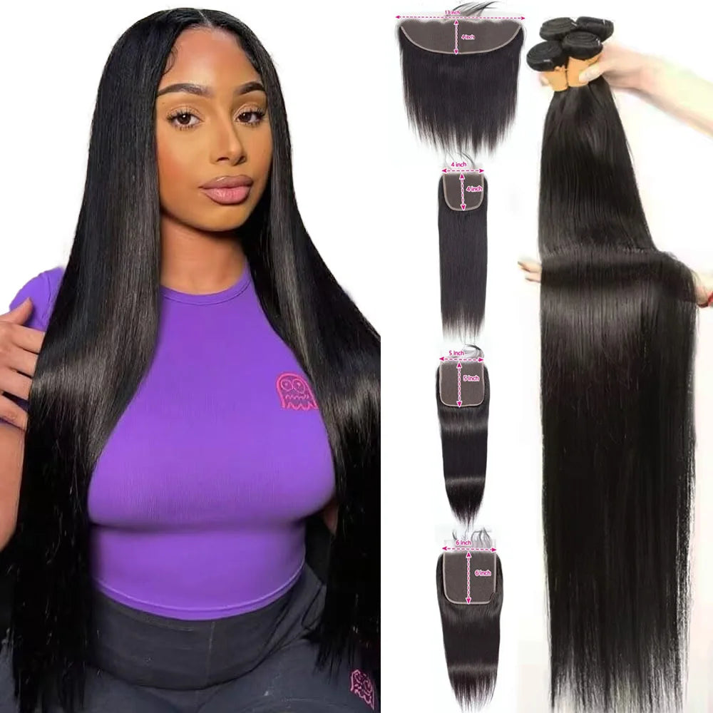 Queenlike 12A Straight Human Hair Bundles With Closure 4X4 5X5 6X6 13X4 Lace With 3 Bundles Human Hair Raw Brazilian Hair - Natural Color