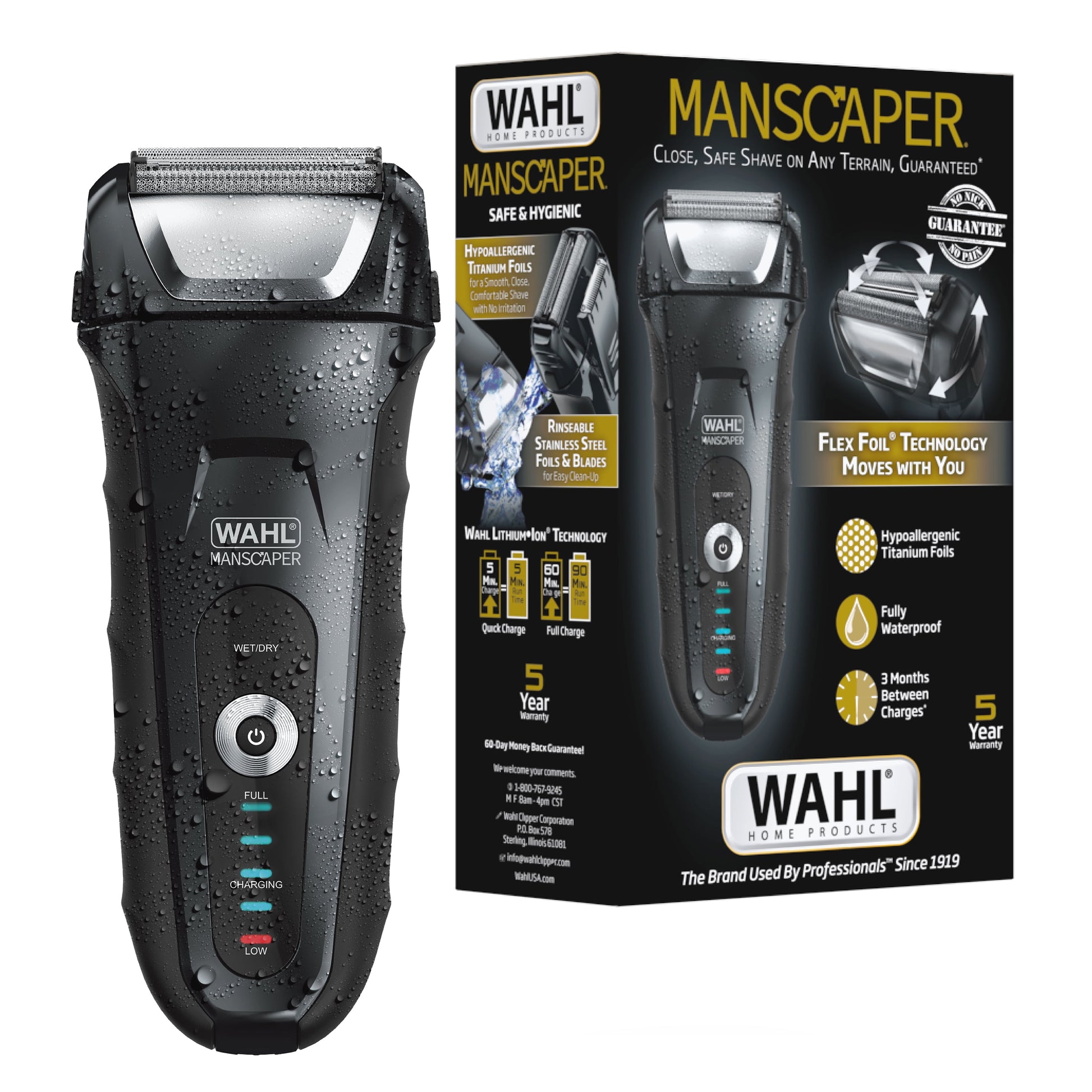 Manscaper Shaver, Lithium Ion Rechargeable, Waterproof Wet/Dry Flex Hypoallergenic Foils, for Men, 7074