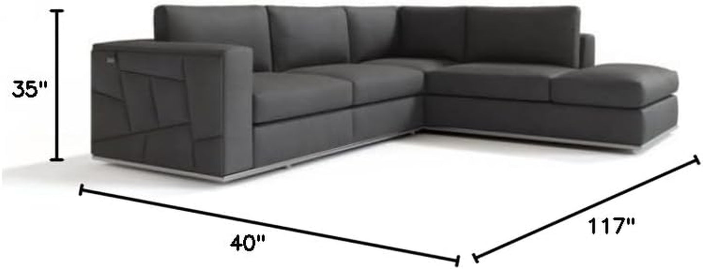 Surton Top Grain Italian Leather Sectional Sofa for Living Room and Home Office, Modern Luxury L-Shaped Couch, Right Arm Facing, 117" W, Dark Gray