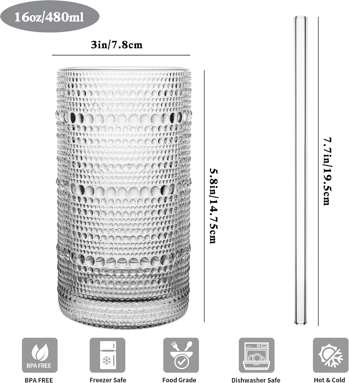 Upgraded Large Capacity 16 Oz/480 Ml Hobnail Glasses Drinking Set of 12 - Heavy Vintage Glassware