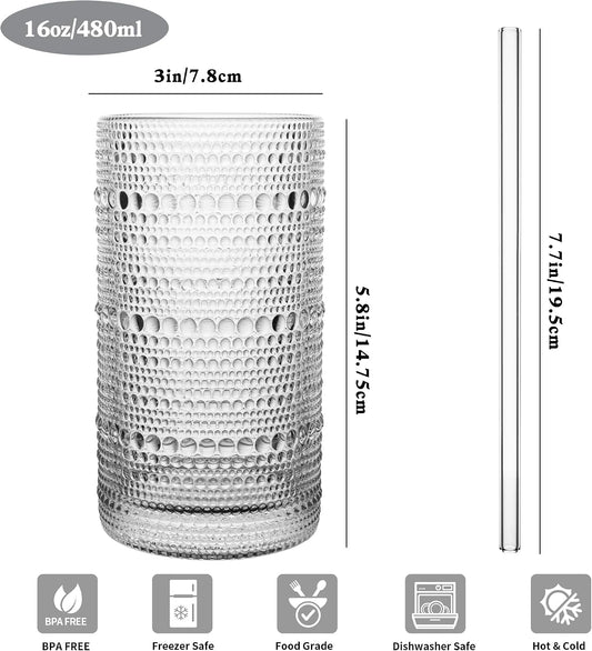 Upgraded Large Capacity 16 Oz/480 Ml Hobnail Glasses Drinking Set of 12 - Heavy Vintage Glassware