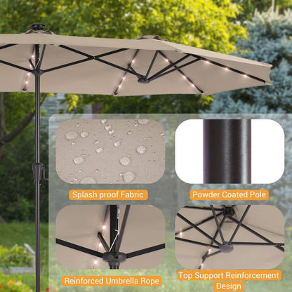 13 Ft. X 7.2 Ft. Steel Solar-Powered Double-Sided Market Patio Umbrella with Crank, Solar Panel in Sand