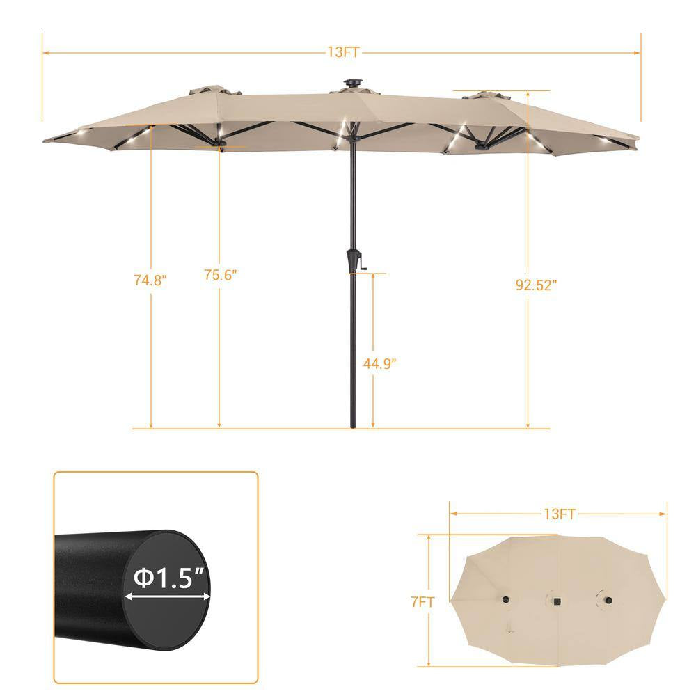 13 Ft. X 7.2 Ft. Steel Solar-Powered Double-Sided Market Patio Umbrella with Crank, Solar Panel in Sand