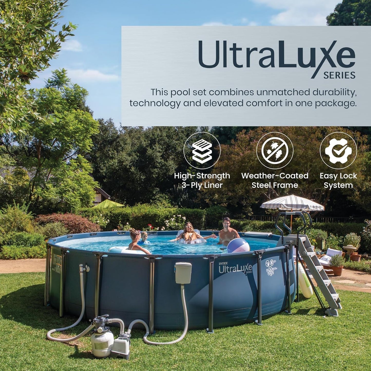 INTEX 28829EH 18Ft X 52In Ultraluxe Premium above Ground Swimming Pool Set with Smart Wi-Fi Enabled Dual Sand Filter Pump Saltwater System and Water Analyzer, Retractable Pool Ladder