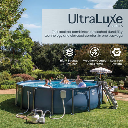INTEX 28829EH 18Ft X 52In Ultraluxe Premium above Ground Swimming Pool Set with Smart Wi-Fi Enabled Dual Sand Filter Pump Saltwater System and Water Analyzer, Retractable Pool Ladder