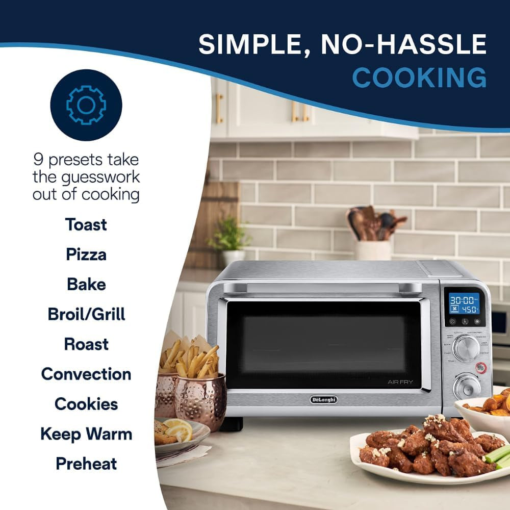 De'Longhi Digital Air Fry Convection Toaster Oven 14L Stainless Steel, Air Fry Oven, 9-In-1, Grills, Broils, Bakes, Roasts, Reheats, Keep Warm, Non-Stick, Scratch-Resistant Interior, 1800-Watts