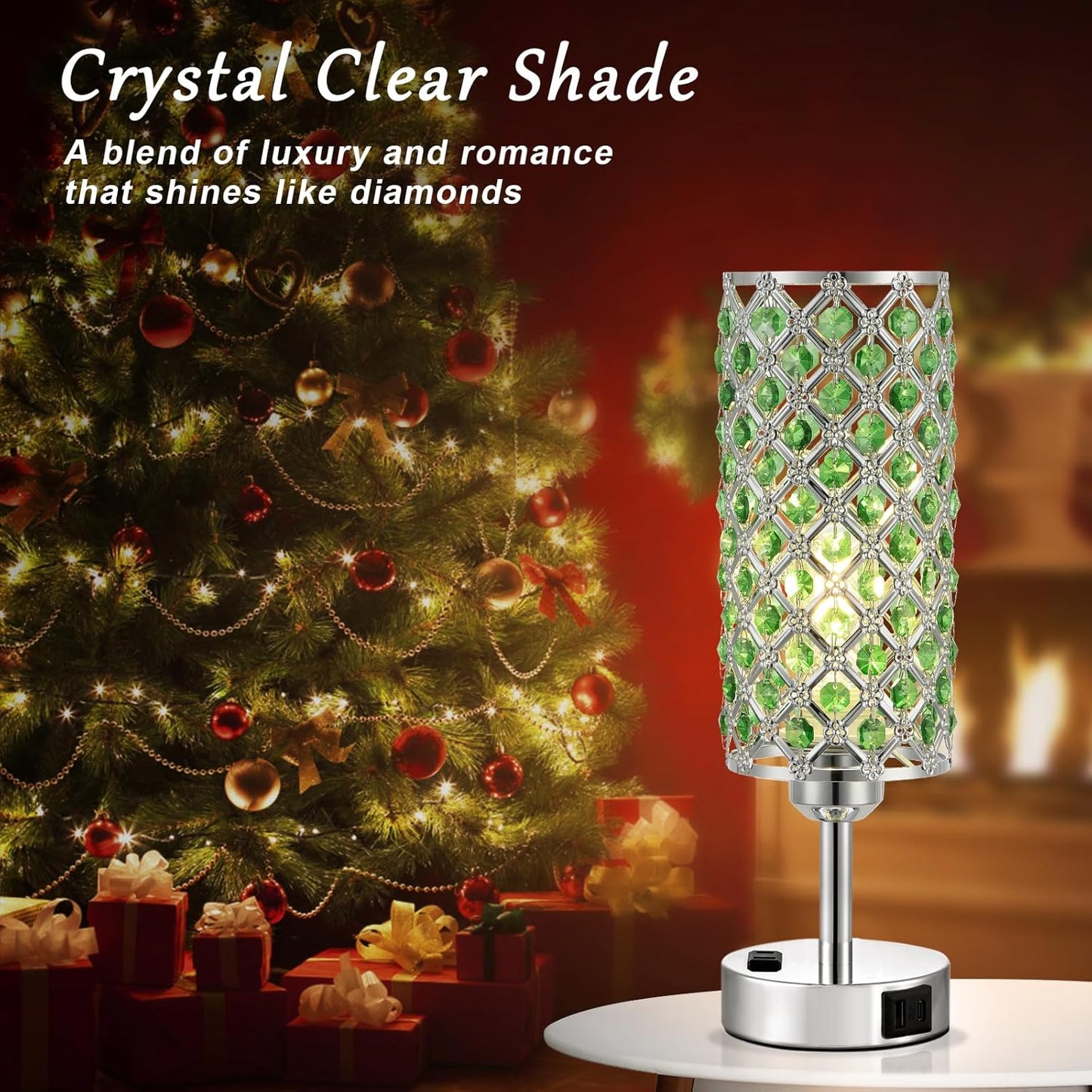 Green Crystal Lamp Touch Control Set of 2, Crystal Table Lamps with USB C+A Ports & AC Outlet, 3-Way Dimmable Nightstand Touch Lamp, Modern Bedside Table Lamp for Bedroom(Bulbs Included)