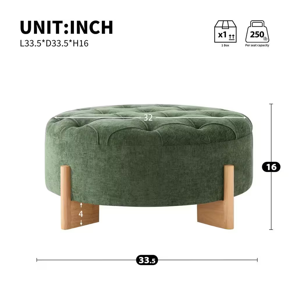 Green Chenille round Tufted Ottoman with Solid Wood Legs