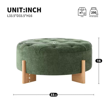 Green Chenille round Tufted Ottoman with Solid Wood Legs