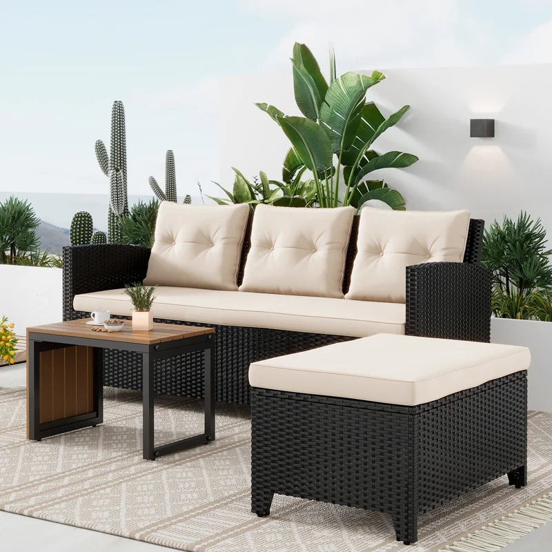 3-Piece All-Weather PE Wicker Patio Conversation Set Modular Outdoor Sectional Sofa, Patio Furniture Sets with Cushions for Small Patios, Balcony & Poolside