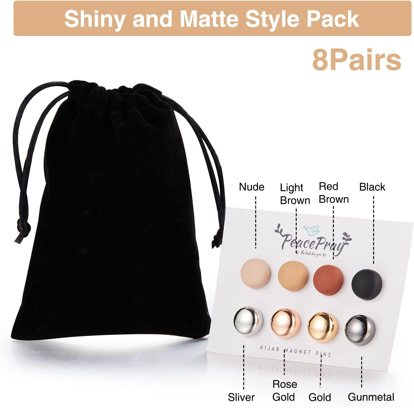 8 Pairs Premium Strong Hijab Magnetic Pins, No-Snag Multi-Use Hijab Magnets, Professional Pinless Magnetic Hijab Pins, Shiny and Matte Style Pack