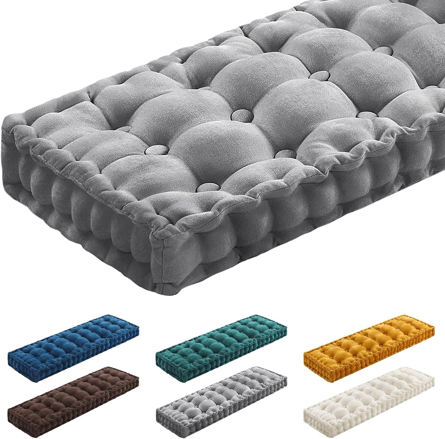 48X18 Inch Bench Cushions for Indoor Furniture Chenille Velvet Gray Button Tufted Thicken Window Seat Pad Mat with Memory Foam Non Slip Long Floor Pillow for Entryway Dining Sofa Breakfast Nook