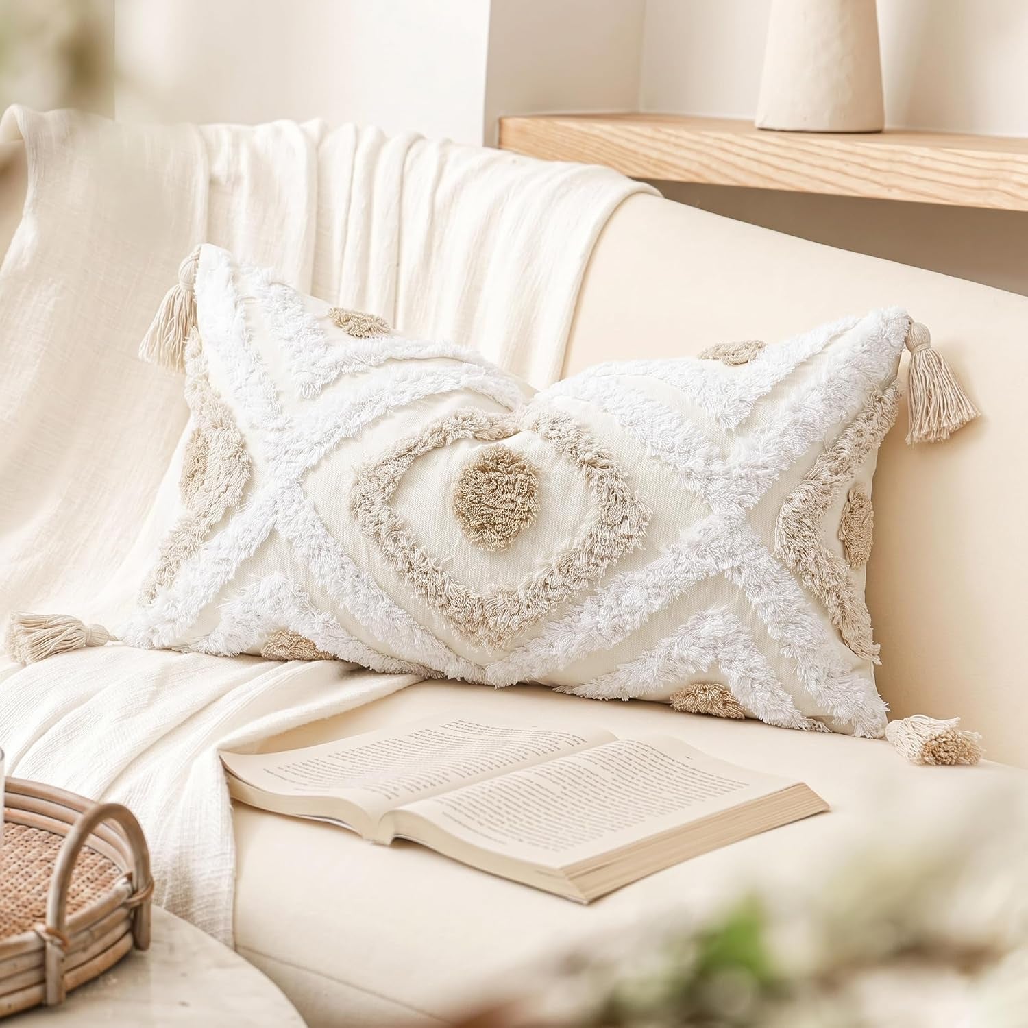 Modern Long Lumbar Throw Pillow Cover 12 X 24,Cotton and Linen Tufted Decorative Boho Long Lumbar Pillow Case for Couch Sofa Bed Farmhouse Chair Outdoor,Khaki&Beige&White
