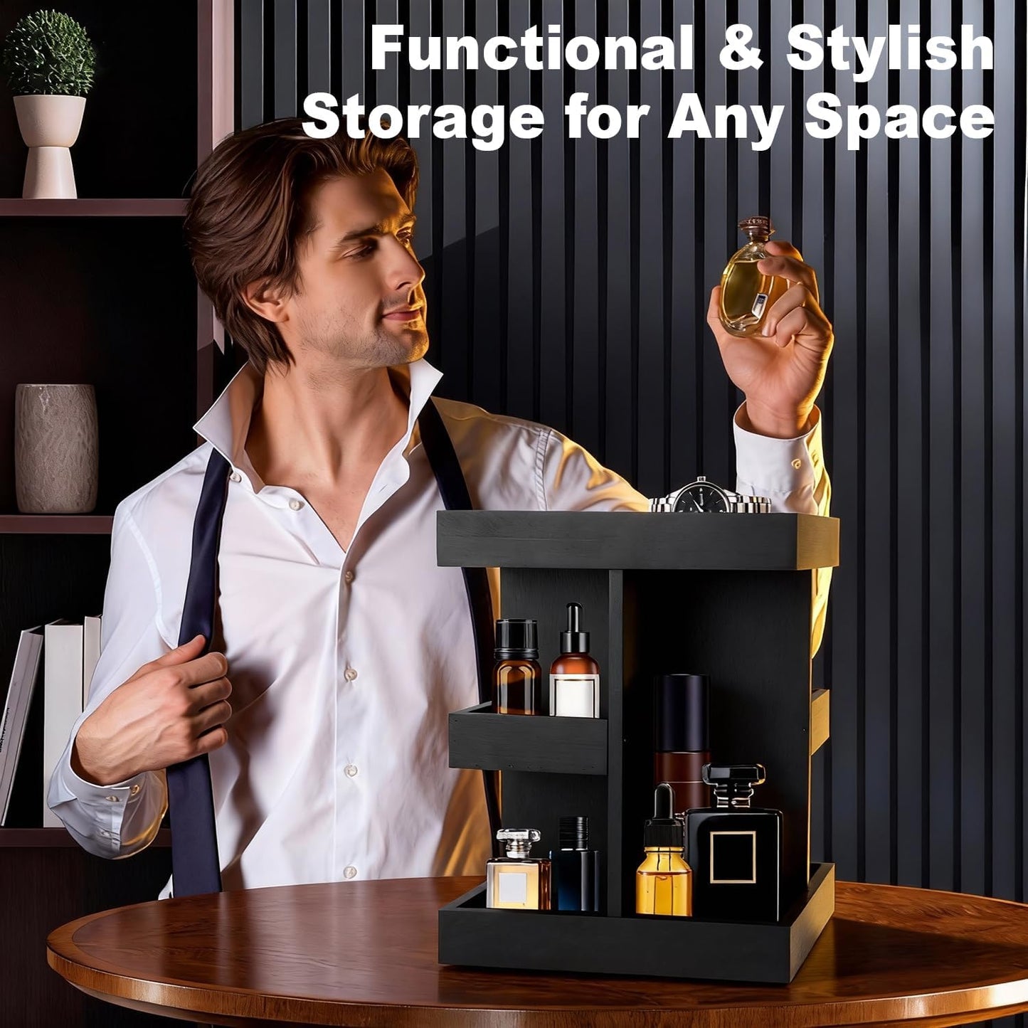 Cologne Organizer for Men, 3-Tier Wood Perfume Stand, Black | 360° Rotation, for Desk, Nightstand, Dresser, Birthday Gift for Husband, Boyfriend, Dad