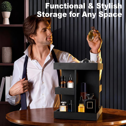 Cologne Organizer for Men, 3-Tier Wood Perfume Stand, Black | 360° Rotation, for Desk, Nightstand, Dresser, Birthday Gift for Husband, Boyfriend, Dad