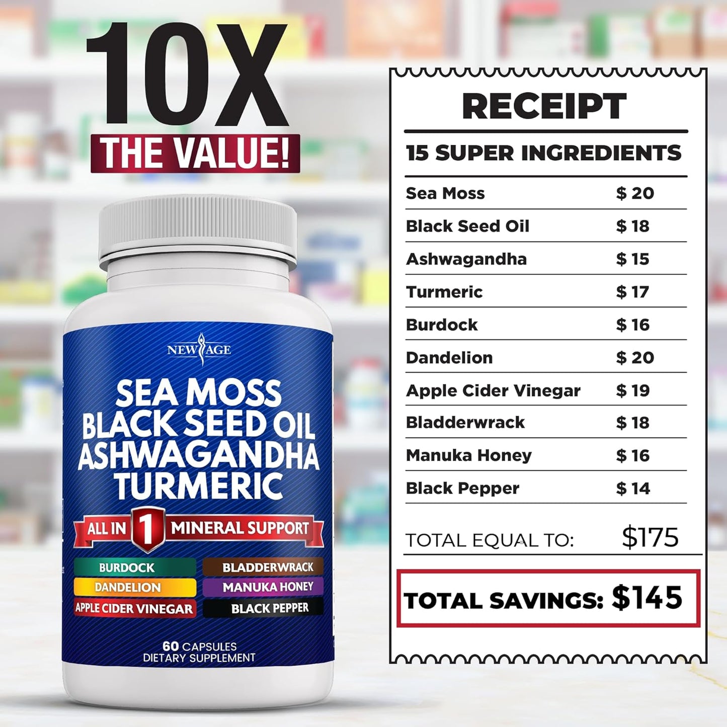 Sea Moss Black Seed Oil Ashwagandha Turmeric Bladderwrack Burdock - with Manuka, Honey Dandelion, ACV Black Pepper Gluten Free
