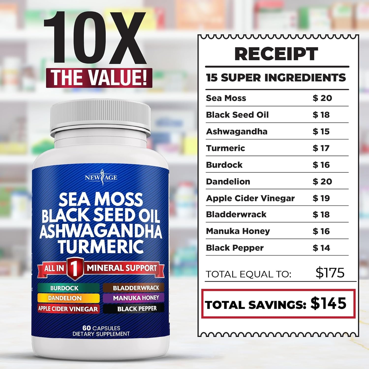 Sea Moss Black Seed Oil Ashwagandha Turmeric Bladderwrack Burdock - with Manuka, Honey Dandelion, ACV Black Pepper Gluten Free